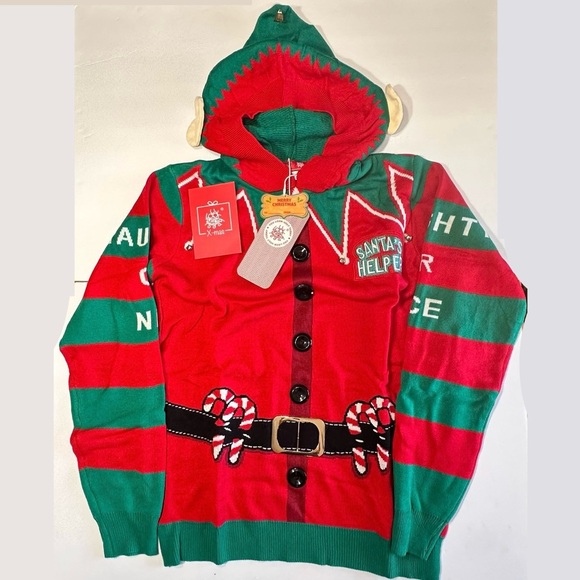 U Look Ugly Christmas Sweater Sz Medium Unisex Adult Hooded Santa’s Helper New - Picture 4 of 12